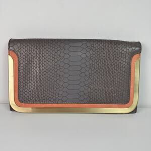 Botkier Leather Clutch Shoulder Bag Snakeskin Embossed Gray Gold Chain Luxe